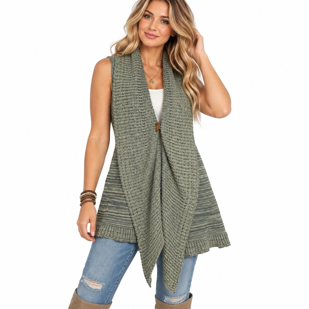 Goddis Sleeveless Cardigan Waterfall Draped Knit Vest Boho Marled Brazil S/M